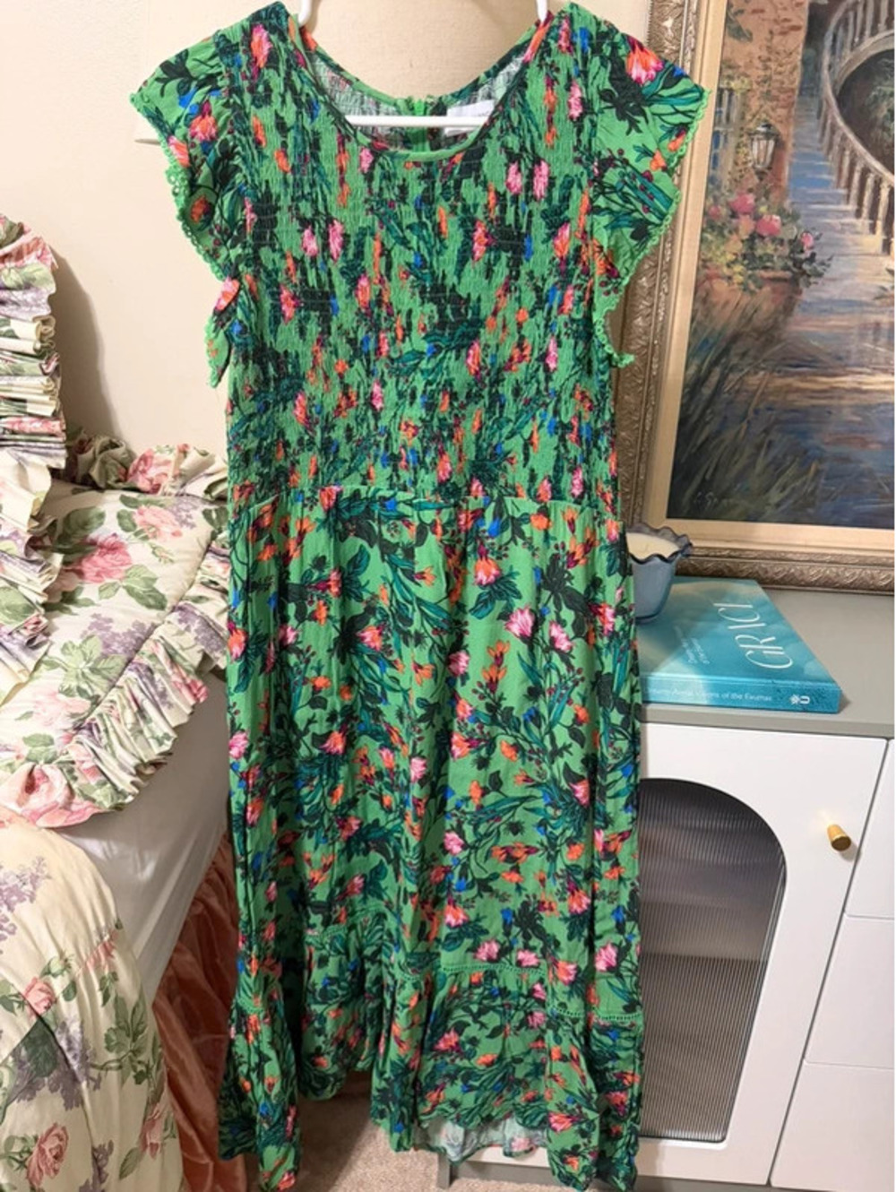 Lost + Wander Green Floral Smocked Ruffle Midi Dress Cottagecore Modest